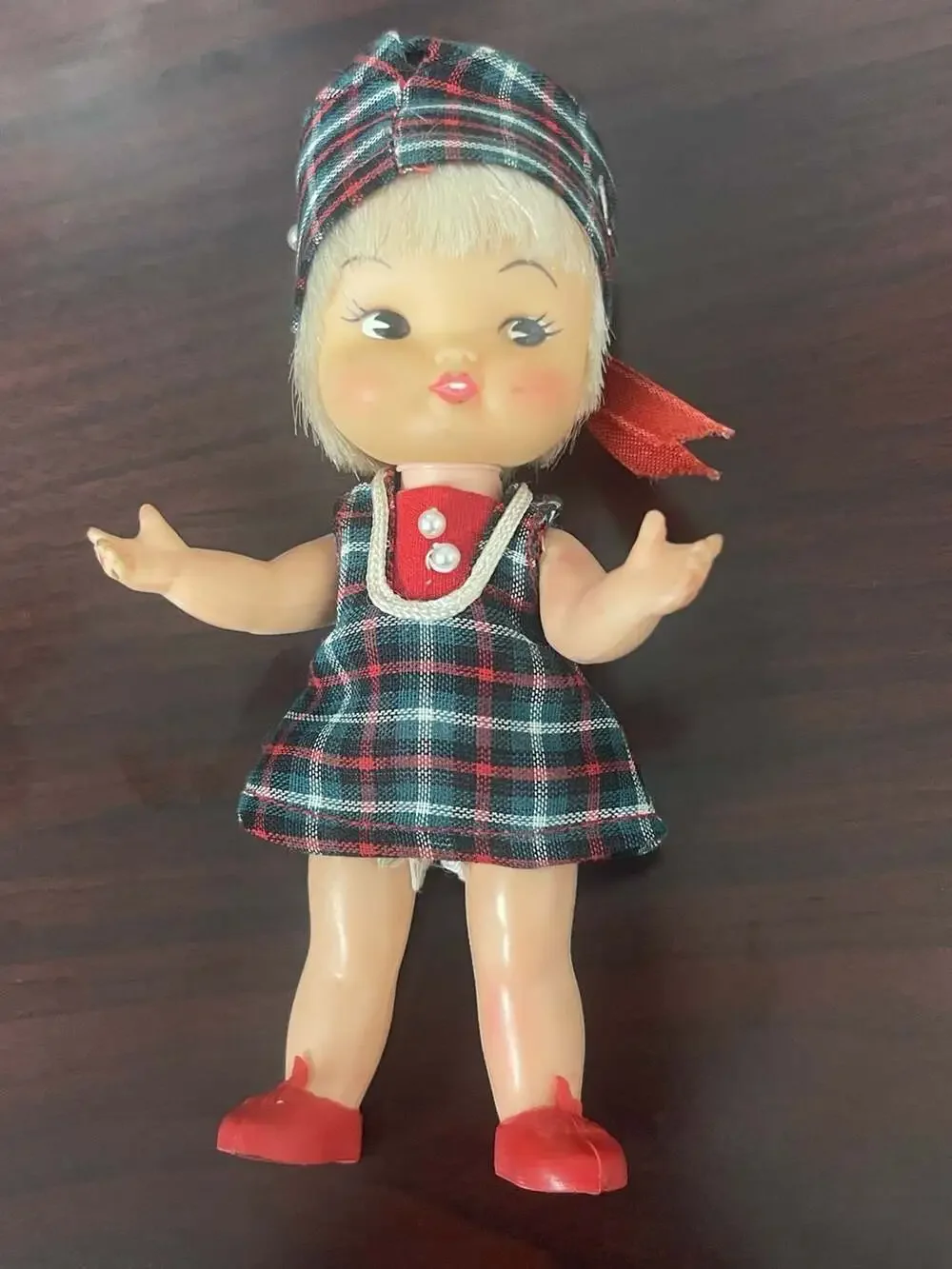Vintage 1964 Remco Heidi Pocketbook Doll in Tartan Plaid Dress and Matching Hat